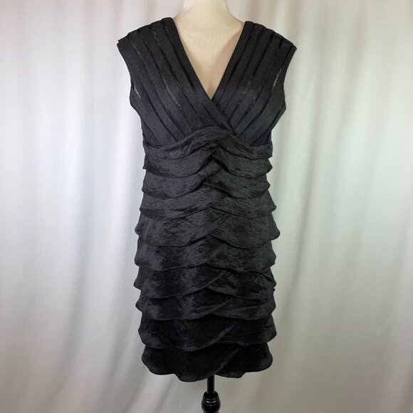 Scarlet Nite Tiered Ruffles Black Cocktail Dress Size 12 Cap Sleeves V Neck - Picture 1 of 16